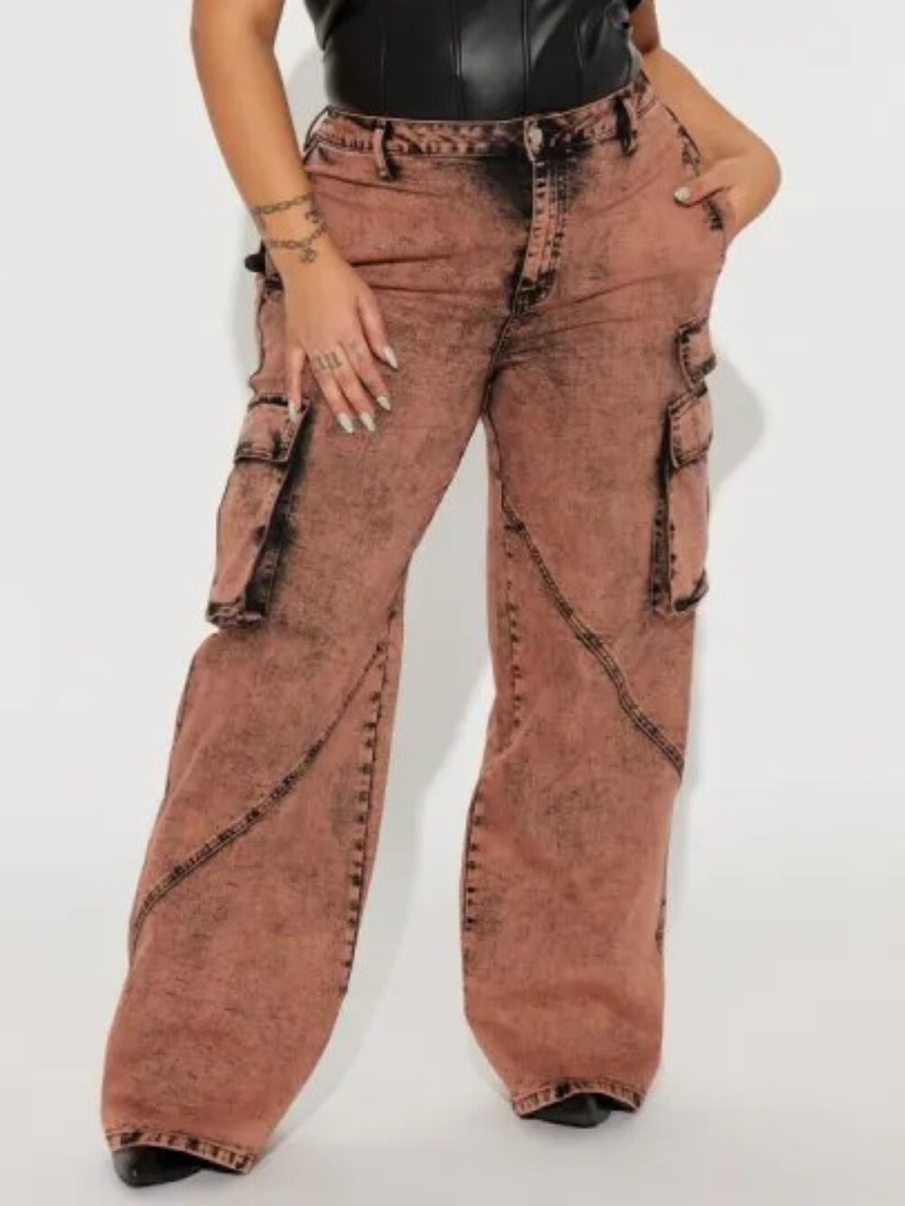 FashionNova Women Always On Cargo Acid Wash Peach Jeans Size 16
